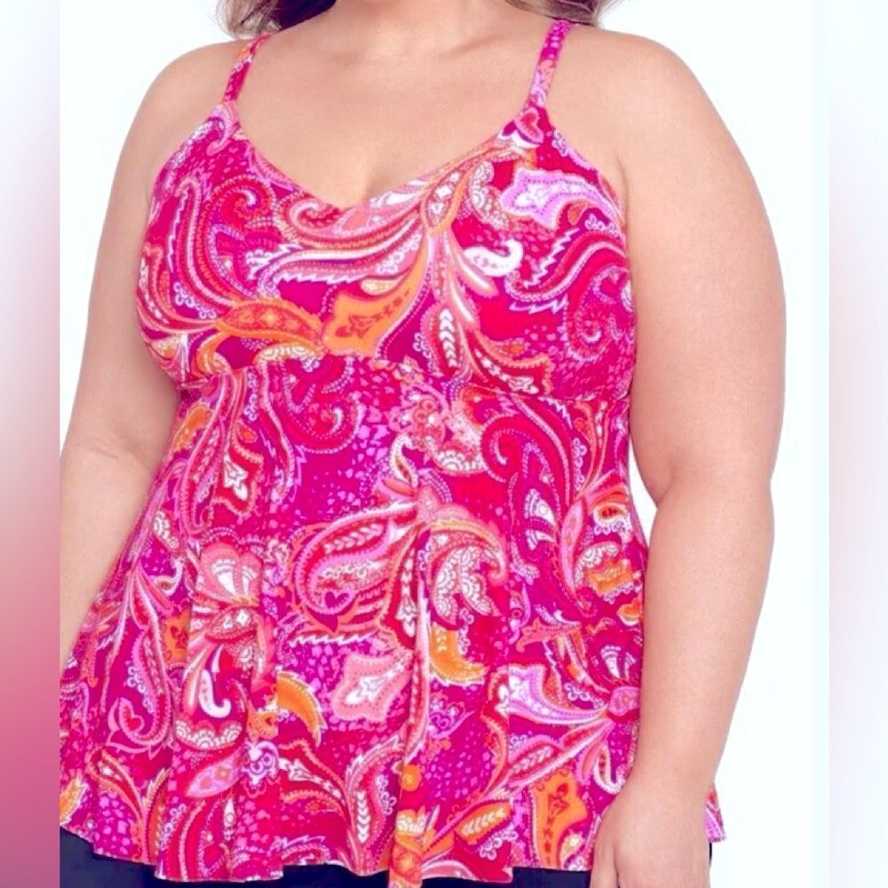 🛍️Swim Solution Plus Size Printed V- Neck Tankini Swimwear Fuschia pink Top 18W